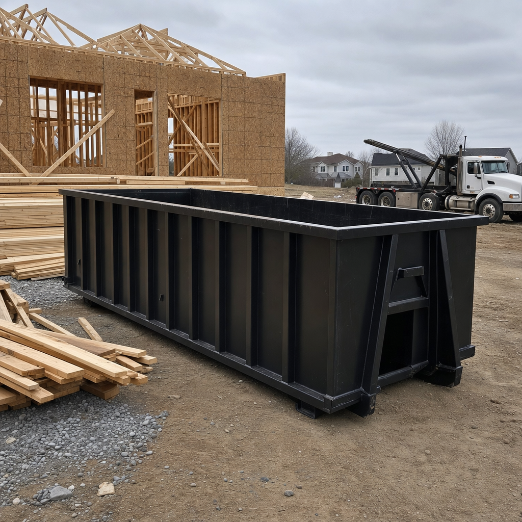 Matte-black 40-yard roll-off dumpster staged on a framed-out residential construction site in Trenton, framing lumber stacked nearby, hooklift delivery truck visible in the background under bright Colorado daylight