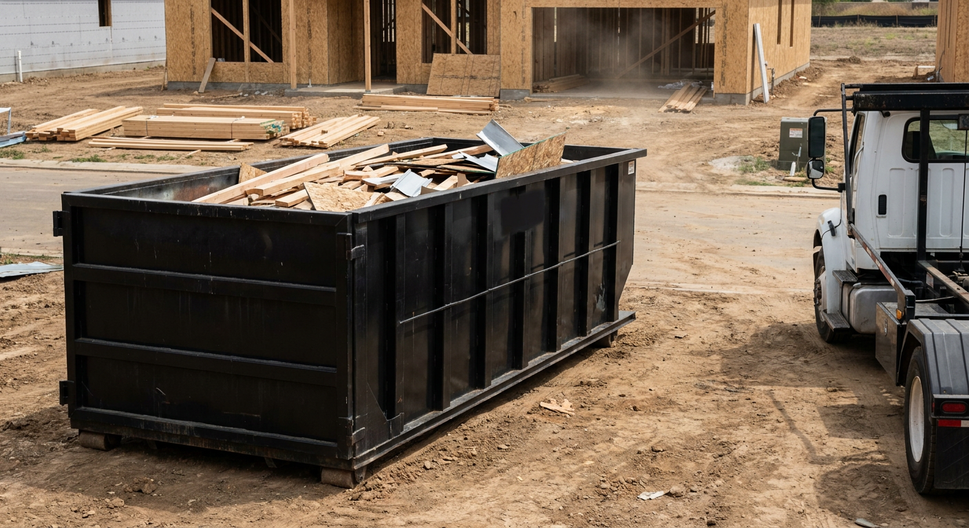 Matte-black 20-yard roll-off construction dumpster with heavy ribbed steel sidewalls and swing rear doors at a working jobsite in Trenton, sitting directly on compacted dirt with an unmarked white hauler partially visible at the far edge of the frame.