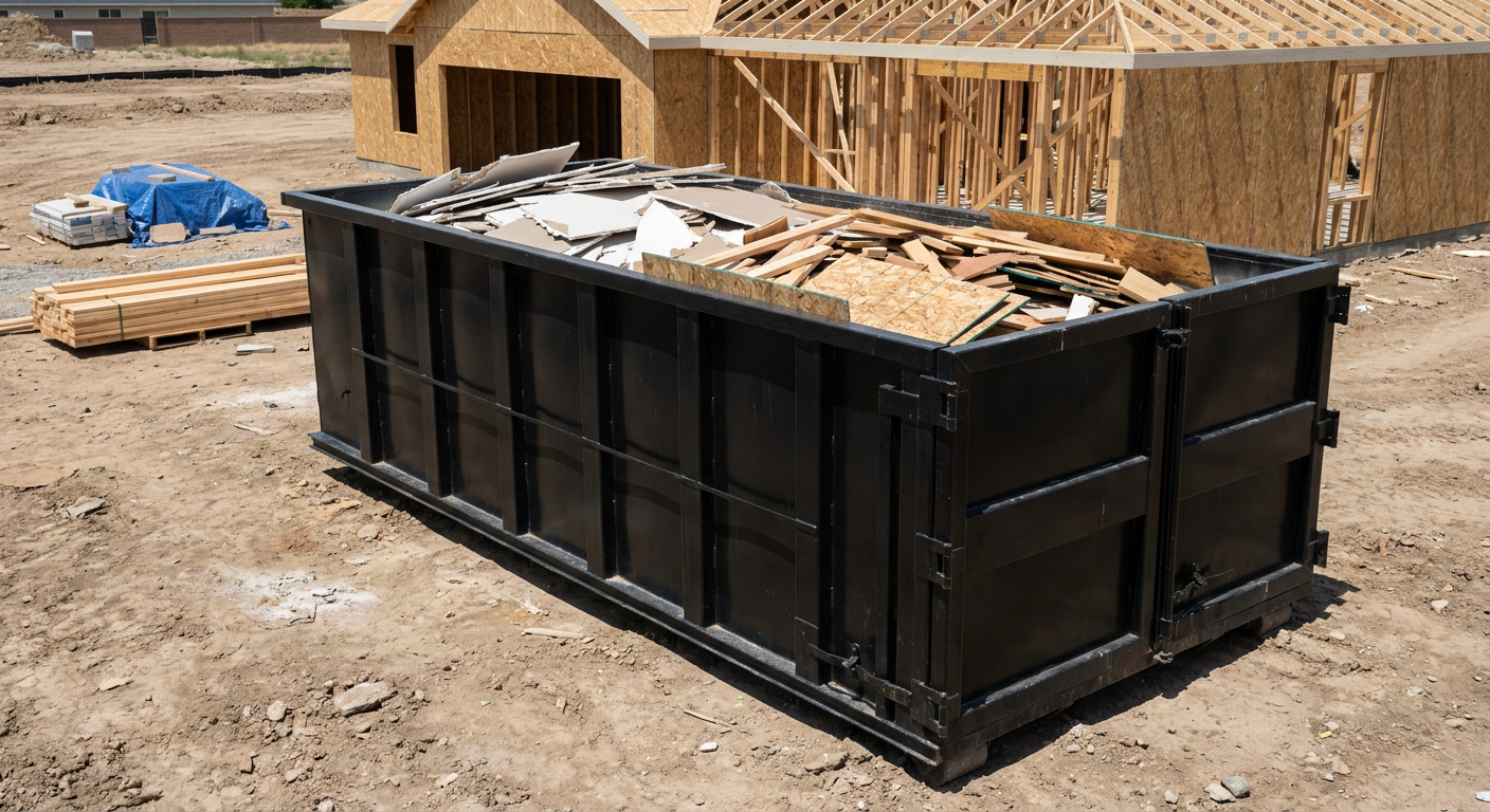 Matte-black 30-yard roll-off construction dumpster sitting directly on the compacted-dirt site of a framed single-family home build in Trenton, drywall and lumber scrap loaded inside.