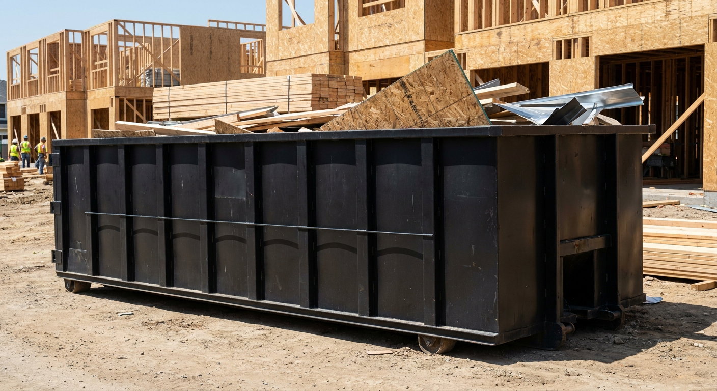 Matte-black 40-yard roll-off construction dumpster being lowered from a white-cab hooklift delivery truck onto the compacted-dirt jobsite at a commercial build site in Trenton