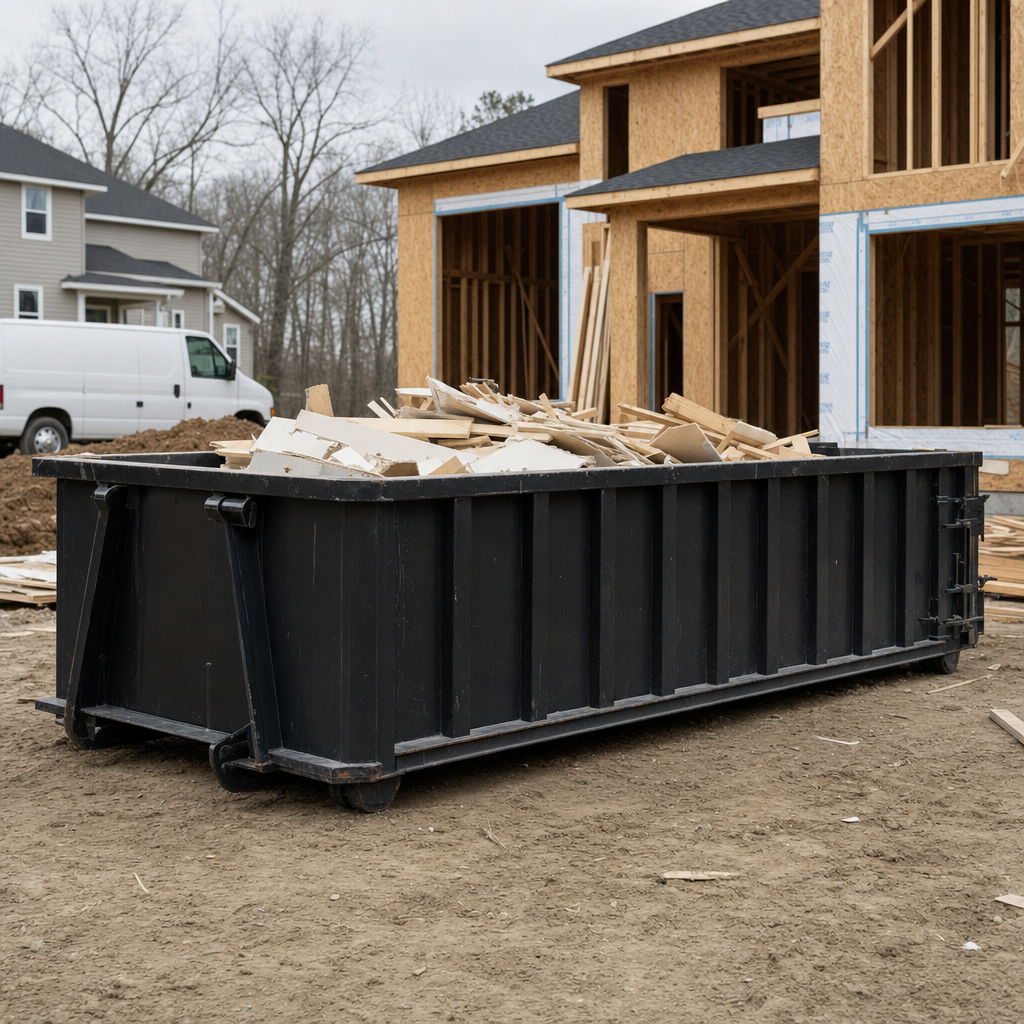 Worker in a yellow high-visibility vest tossing framing lumber and broken drywall into a matte-black 30-yard construction roll-off dumpster on an active build site in Trenton, bright daylight