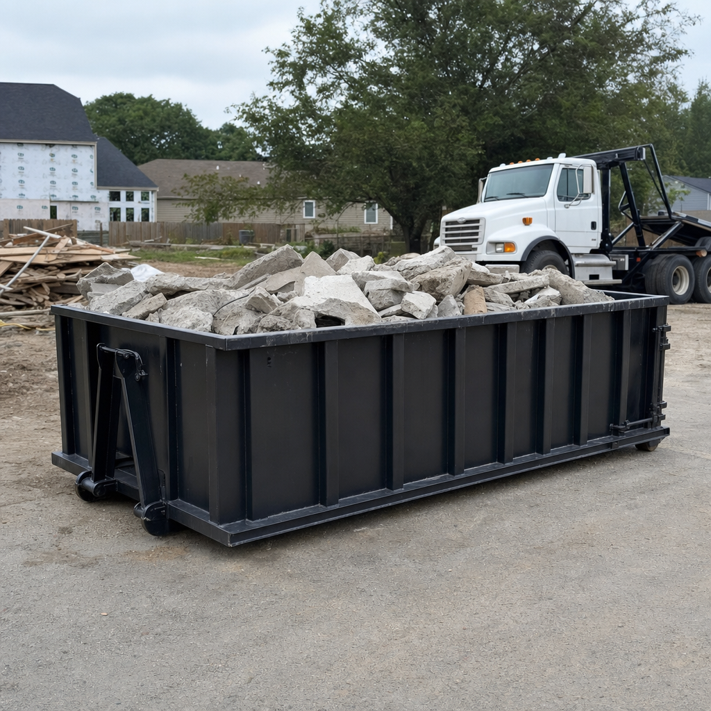 Low-profile matte-black lowboy roll-off dumpster loaded with broken concrete slab and rebar at a foundation tear-out in Trenton, skid steer parked beside it, sunny Colorado morning