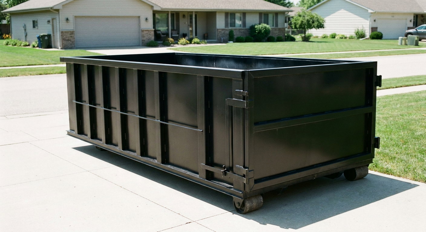 Matte-black 10-yard roll-off dumpster on a residential concrete driveway in Trenton, uniformly painted matte black across every panel and rail, ribbed steel sidewalls and rear swing door visible, mid-day daylight.