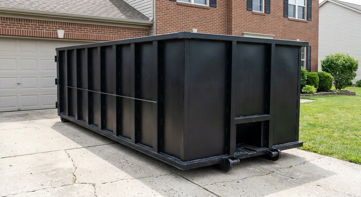Matte-black 20-yard roll-off container on a Trenton residential concrete driveway with reinforced ribbed steel sidewalls and a hinged rear walk-in door, clean bright daylight.