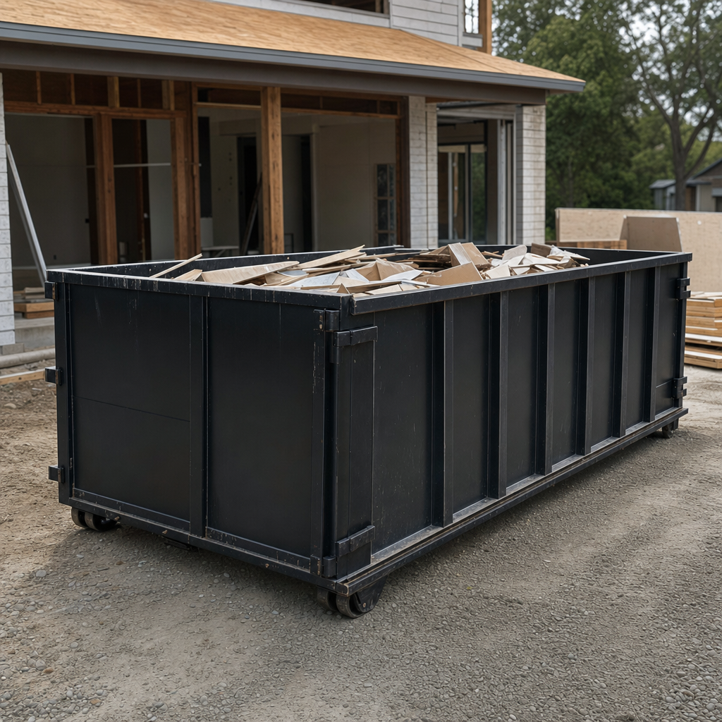 Large matte-black 30-yard construction roll-off dumpster at an active Trenton jobsite, steel-gray top rails and bottom rollers visible, loaded with construction debris.