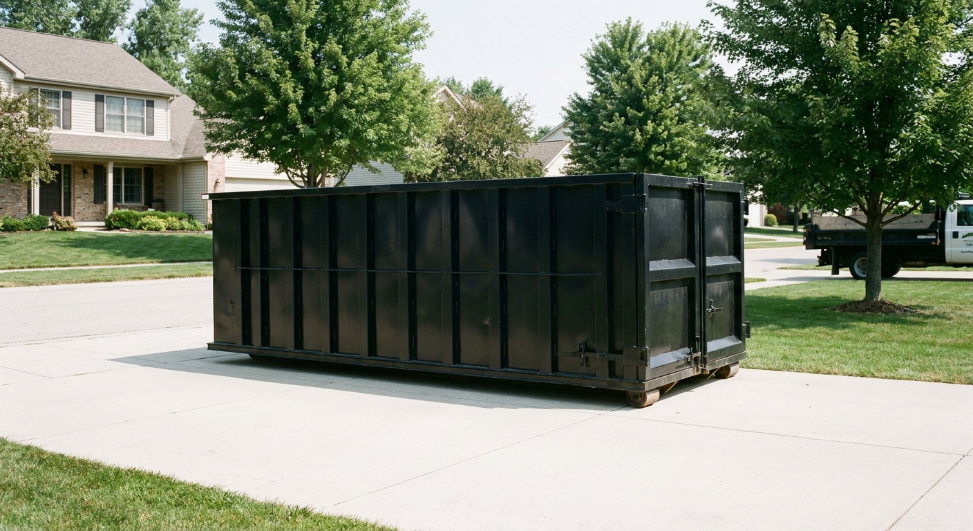 Matte-black 20-yard roll-off dumpster sitting level on a clean Trenton residential concrete driveway under bright daylight, demonstrating clean placement directly on the concrete.