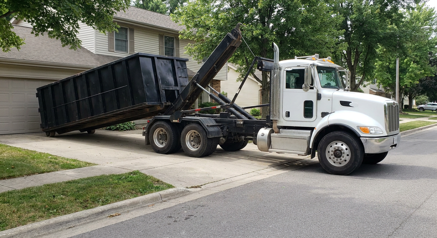 White-cab hooklift roll-off truck actively lowering a matte-black dumpster onto a Trenton residential concrete driveway, the dumpster's rear wheels touching the driveway as the hoist arm tilts the bed forward, mid-morning daylight.