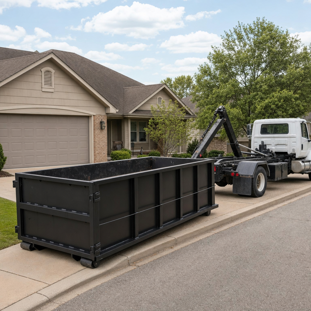 Wide documentary shot of a matte-black roll-off dumpster on a Trenton residential driveway in the foreground and a contractor jobsite container in the soft-focus background, bright daylight, calm and orderly composition.