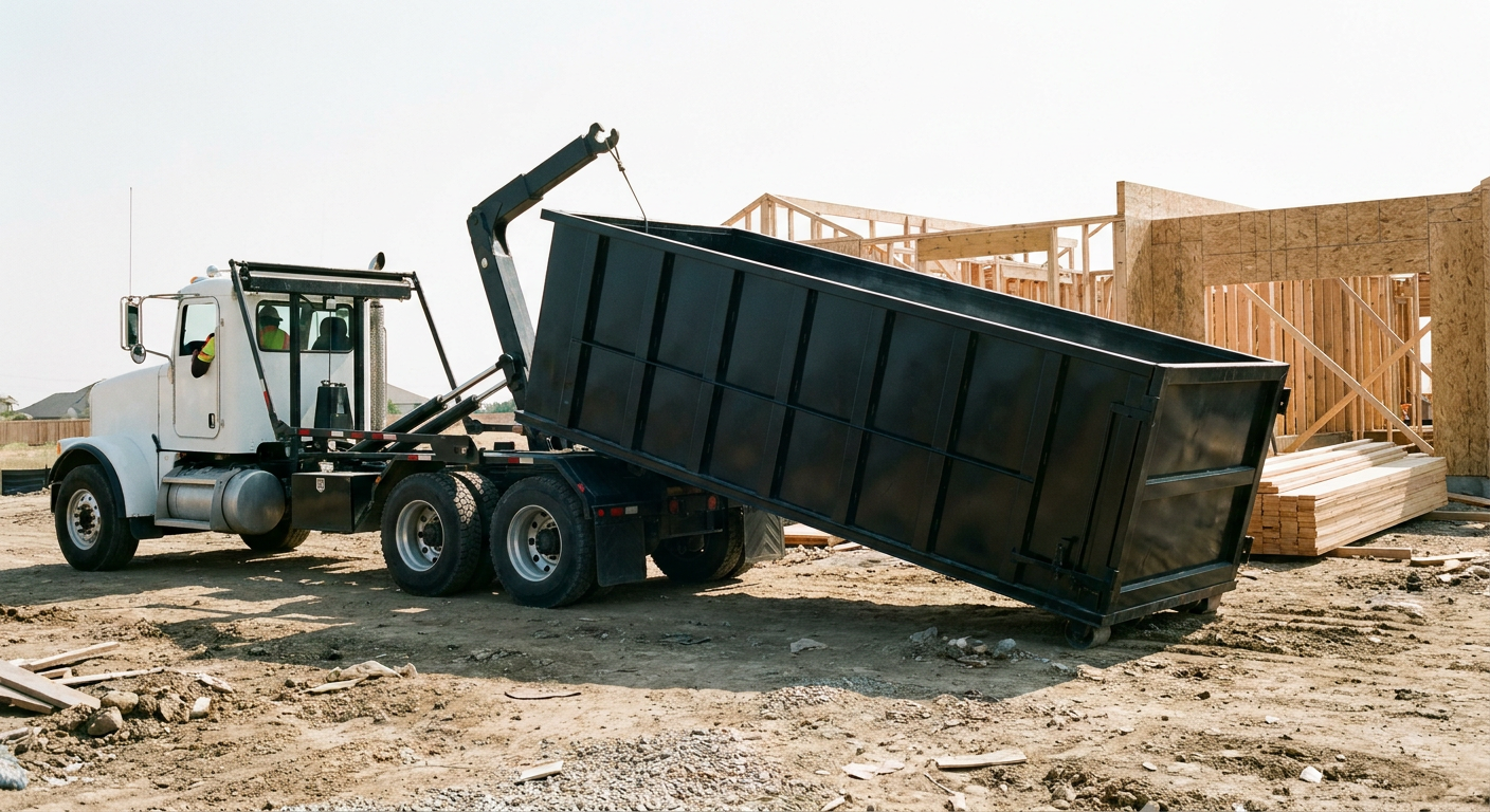 Matte-black roll-off dumpster being delivered onto a clean residential concrete driveway in Trenton by an unmarked white hooklift hauler truck, bright morning daylight, documentary 35mm perspective.