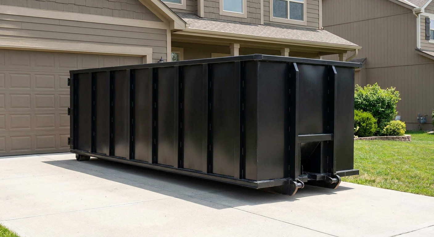 Matte-black residential roll-off dumpster sitting directly on a suburban Trenton concrete driveway, garage door closed, single-family home in background, bright morning daylight.