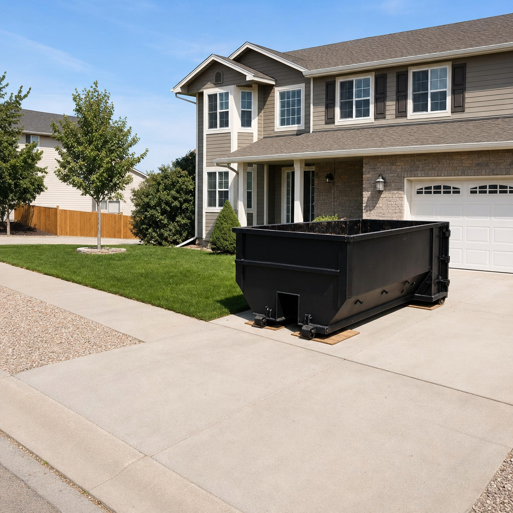 10-yard matte-black residential dumpster placed directly on a narrow Trenton concrete driveway, room remains for a parked sedan beside it, mid-morning natural light