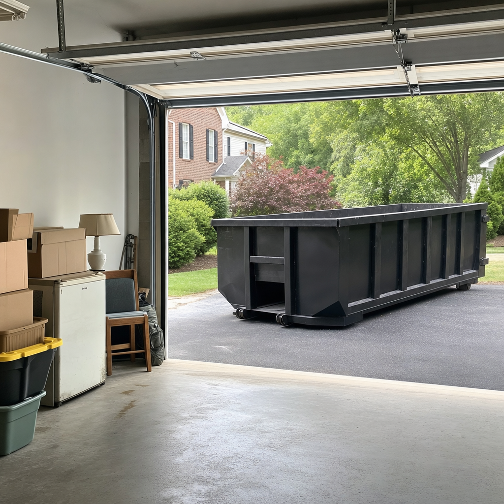 Open garage interior in a Trenton home mid-cleanout — boxed items, an old appliance, and stacked yard tools queued near the driveway for a matte-black roll-off dumpster, organized and calm