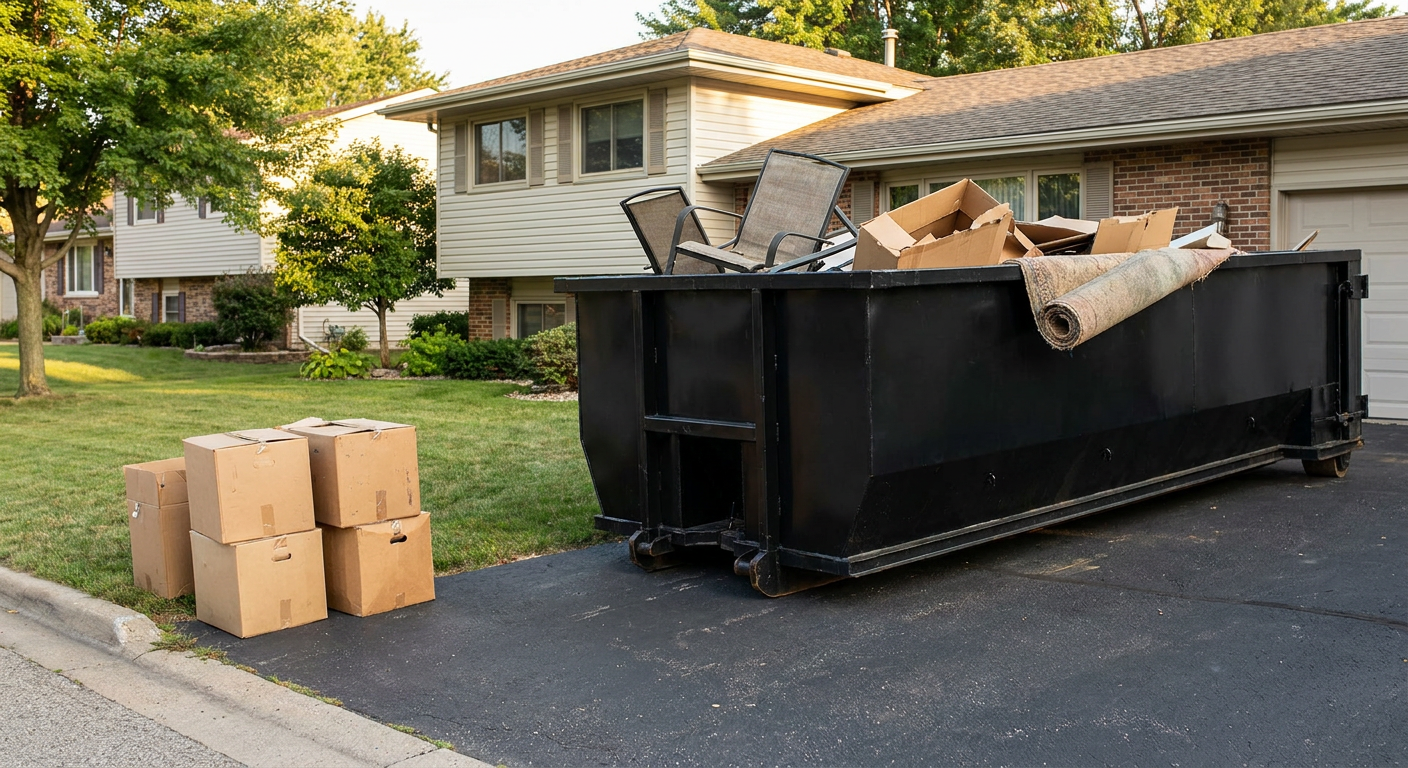Front-yard view of a Trenton split-level home with a 20-yard matte-black roll-off dumpster sitting directly on the asphalt driveway, a few clearly labeled donation boxes staged at the curb, calm sunny afternoon.