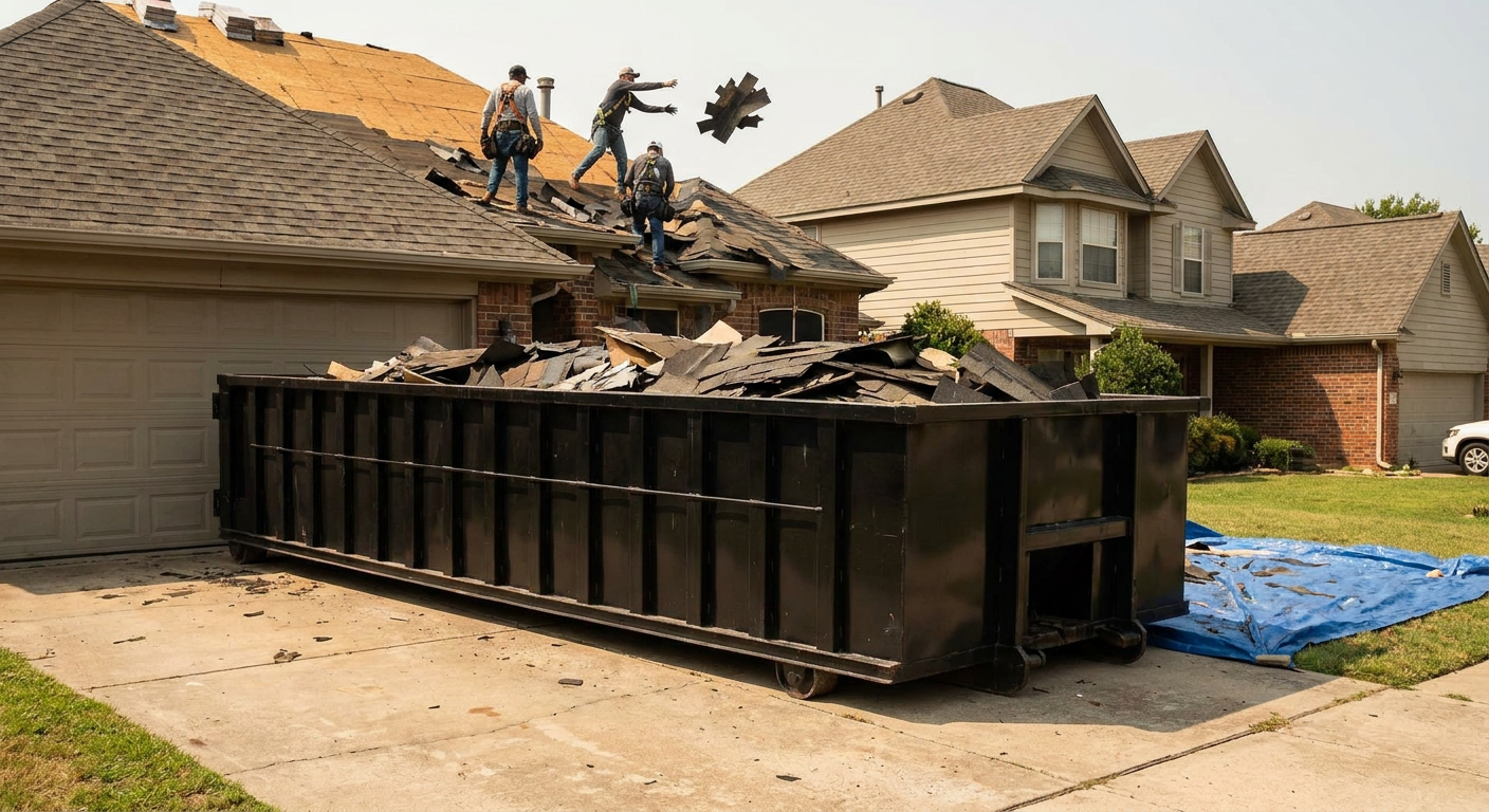 Matte-black roofing roll-off dumpster placed directly on a Trenton residential concrete driveway, a tear-off crew on a two-story asphalt-shingle roof tossing shingle bundles into the low-walled container, bright daylight, documentary 35mm perspective.