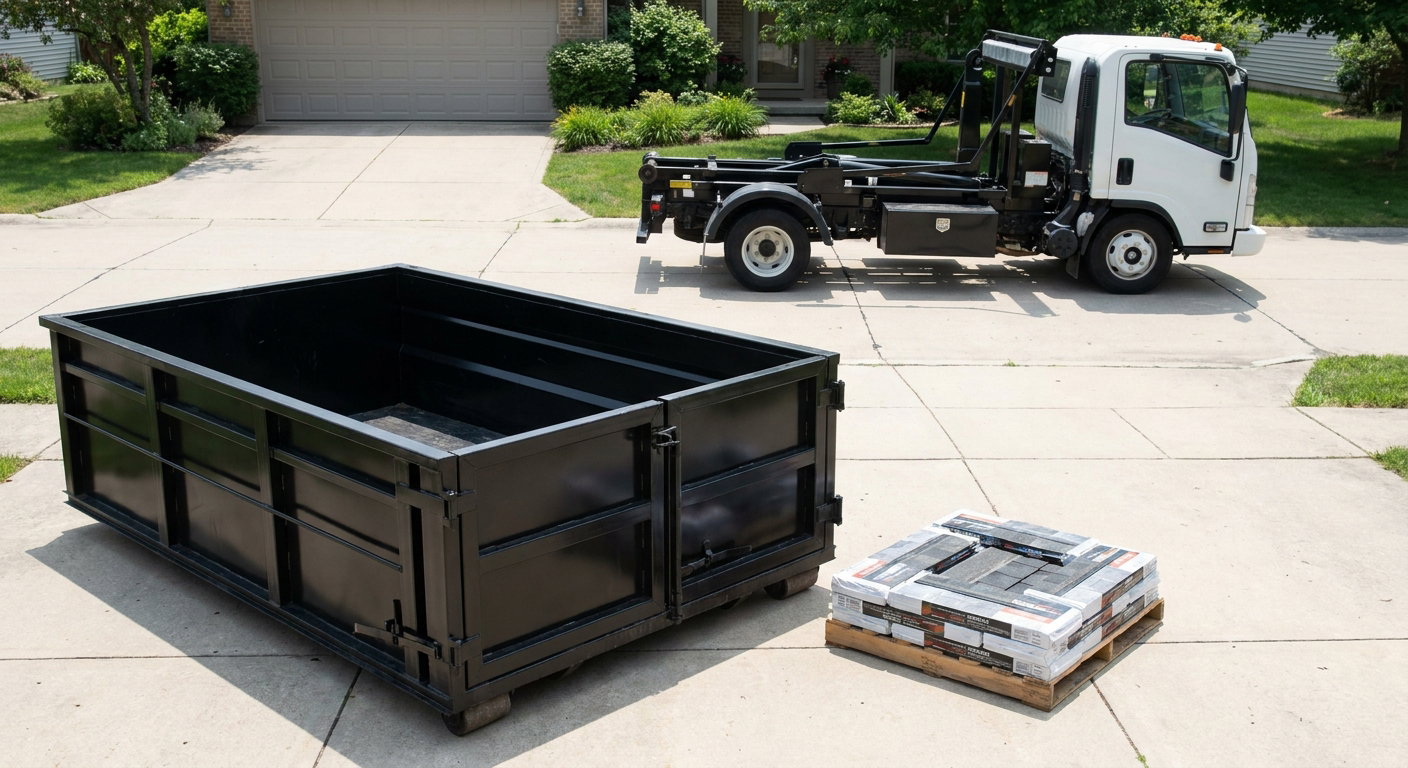 Matte-black 15-yard roofing roll-off dumpster with reinforced low side walls sitting directly on a Trenton residential concrete driveway, three-tab asphalt shingle bundles stacked nearby, an unmarked white hauler truck partially visible at the edge of the frame.