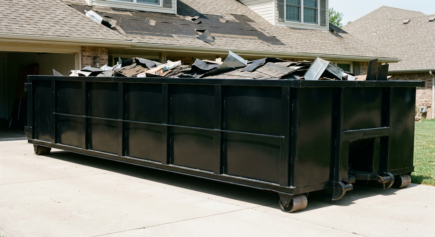 Matte-black 20-yard roofing roll-off dumpster with steel ribbed sides and swinging rear door, sitting directly on the concrete driveway of a two-story Trenton home, asphalt shingle debris being loaded over the low wall, clean documentary lighting.