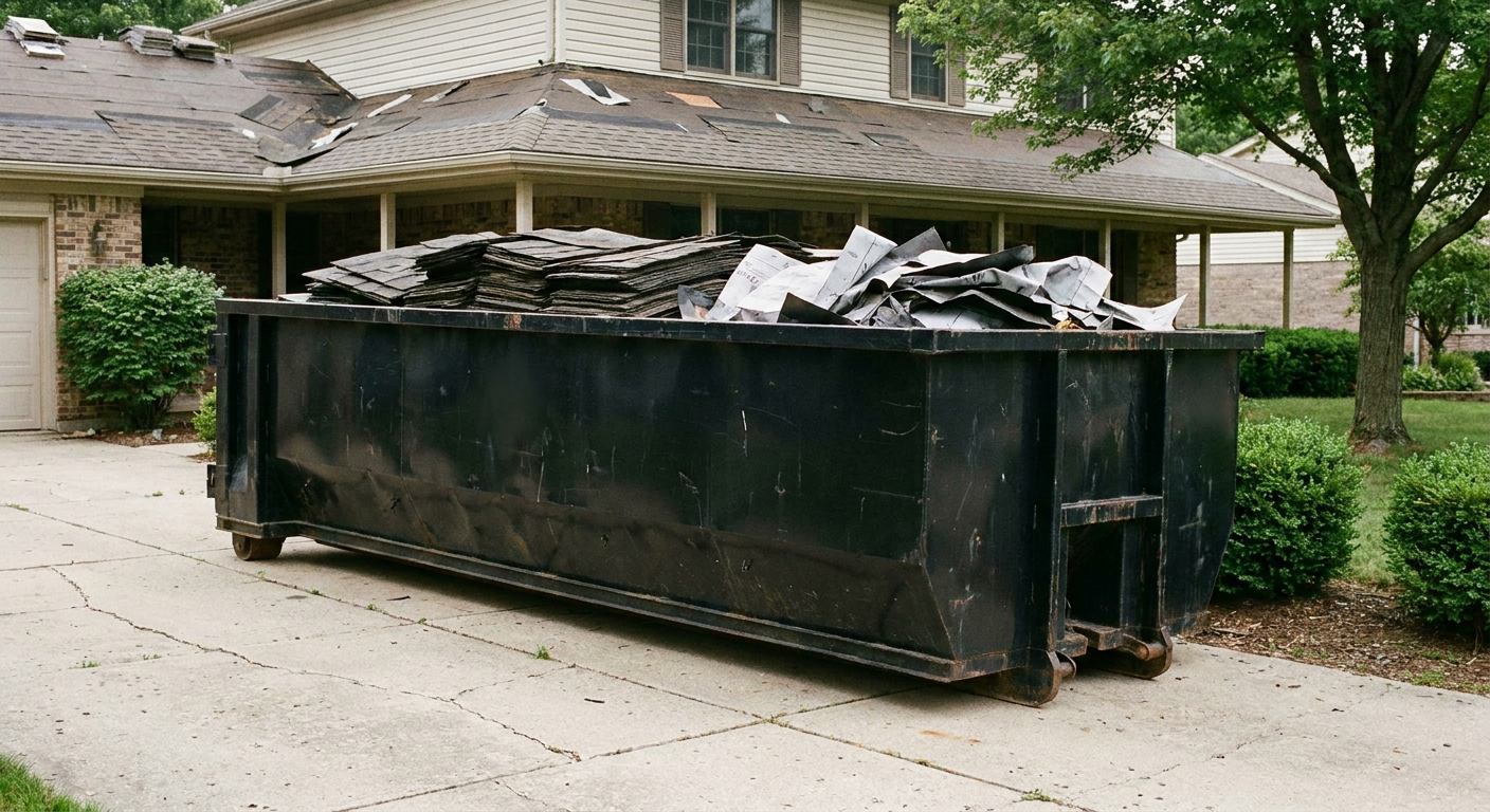 Matte-black 30-yard roofing roll-off dumpster sitting directly on a Trenton concrete driveway, taller ribbed steel side panels, mixed tear-off debris of asphalt shingles and underlayment inside, professional documentary daylight.