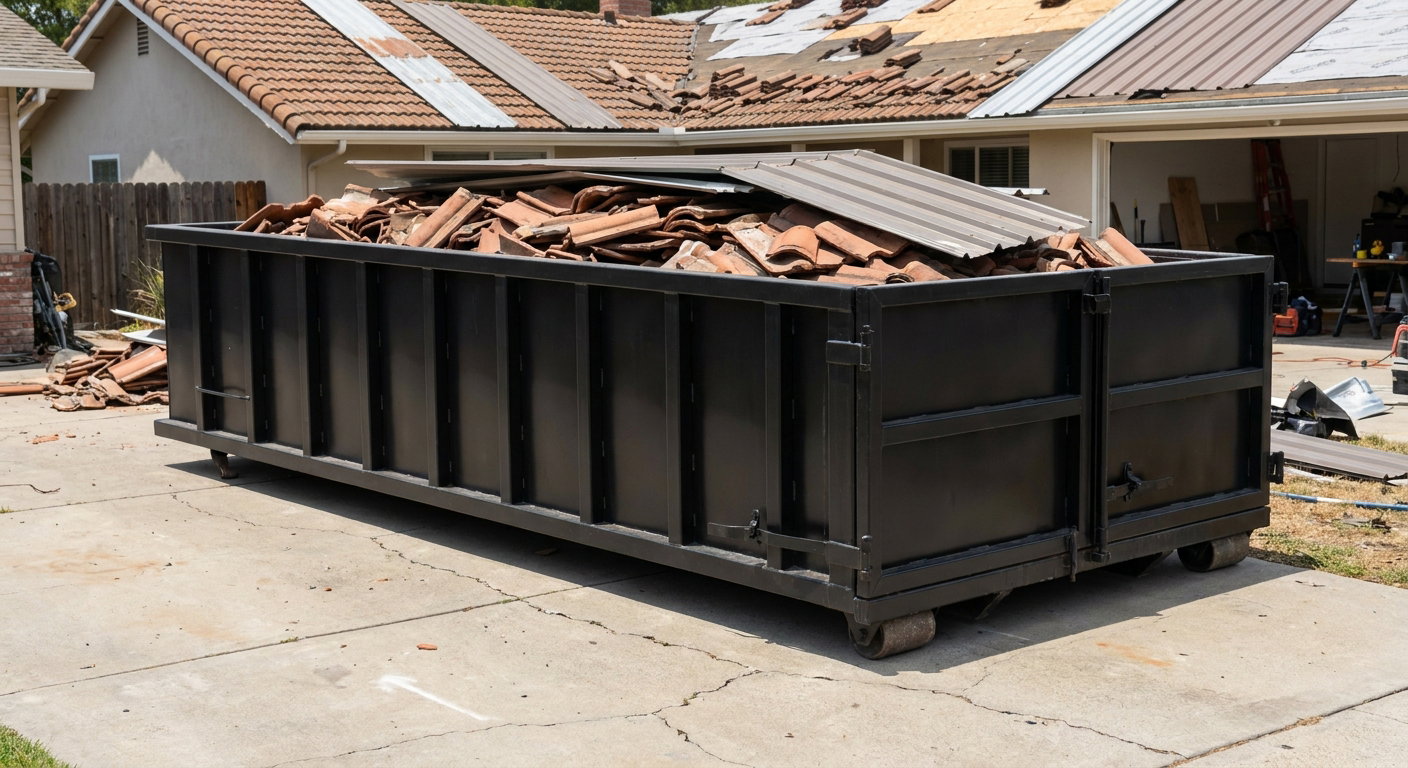 Matte-black low-wall heavy-debris roofing roll-off dumpster sitting directly on a Trenton concrete driveway, broken concrete clay roof tiles and metal panel sections loaded inside, reinforced ribbed steel side walls visible, bright outdoor daylight.