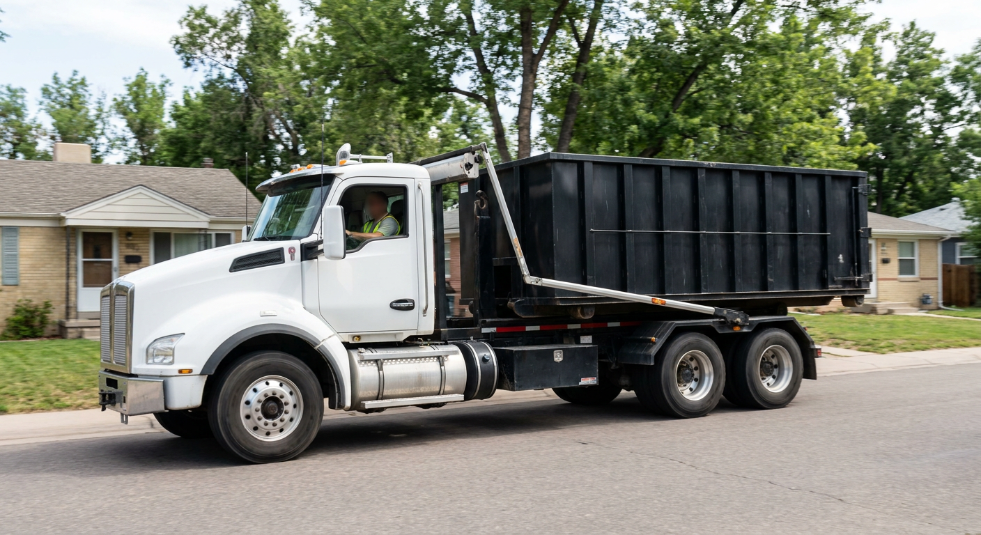 A wide documentary shot of a matte-black roll-off delivery truck pulling onto a quiet Trenton residential street at mid-morning, with neighborhood rooftops and tree-lined blocks visible behind, showing the metro coverage footprint.