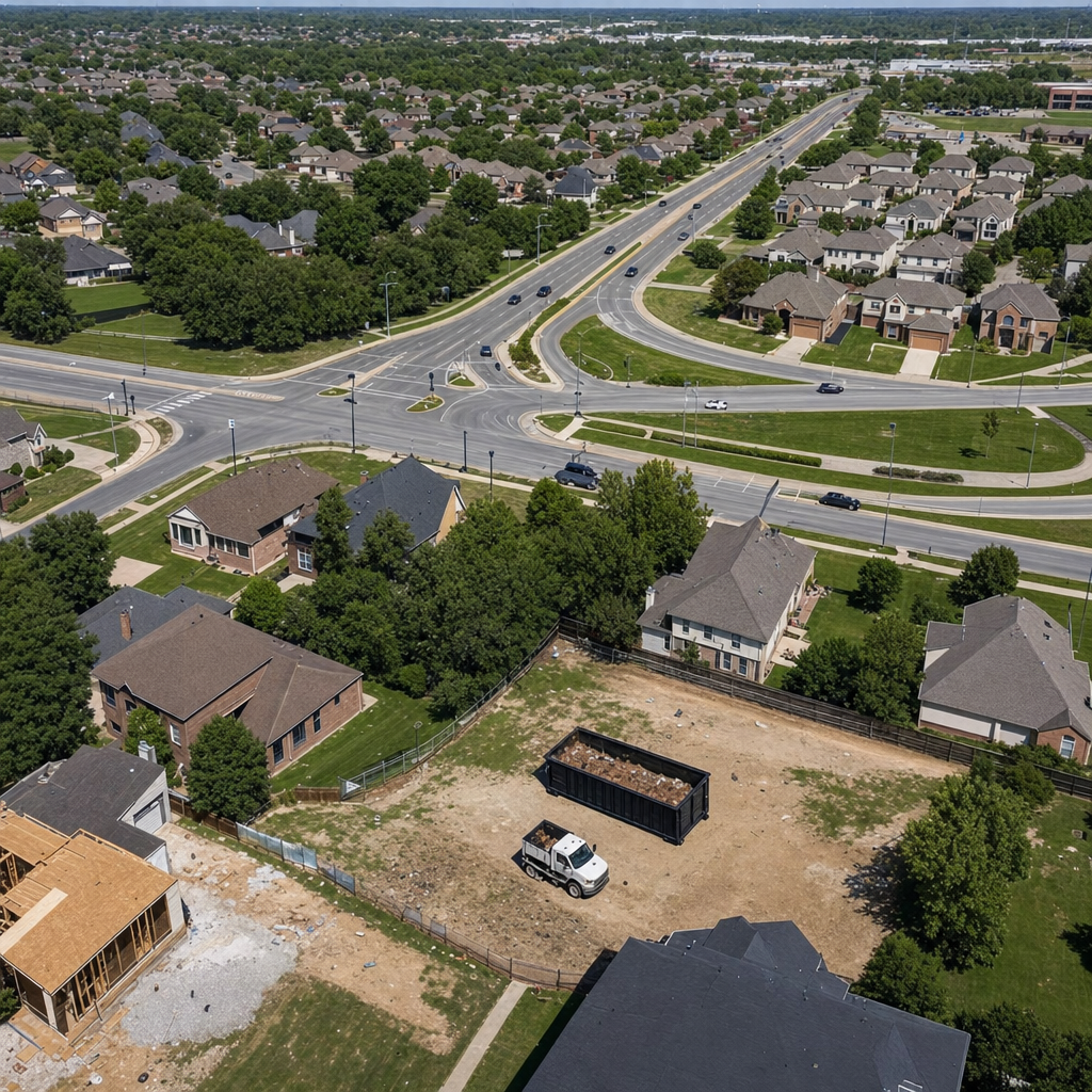 An overhead documentary view of the Trenton metro area at midday, showing the spread of neighborhoods, arterial roads, and the dispatch radius from a central yard — clean daylight, organized geographic layout.