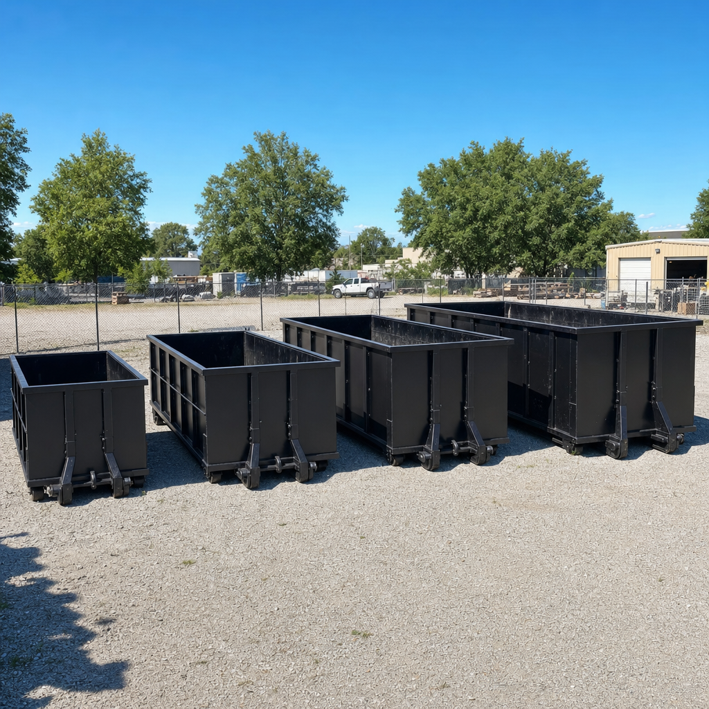 A clean lineup of matte-black roll-off dumpsters in 10, 20, 30, and 40-yard sizes staged on a sunlit gravel yard in Trenton, showing the size progression from compact to commercial-scale containers.