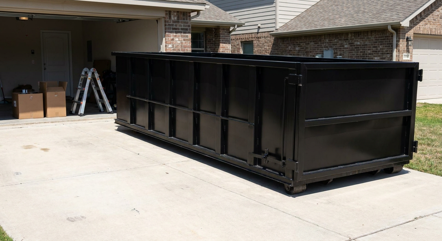 A matte-black 10-yard roll-off dumpster sitting directly on a residential Trenton concrete driveway, mid-day sunlight, clean and ready for a garage cleanout.