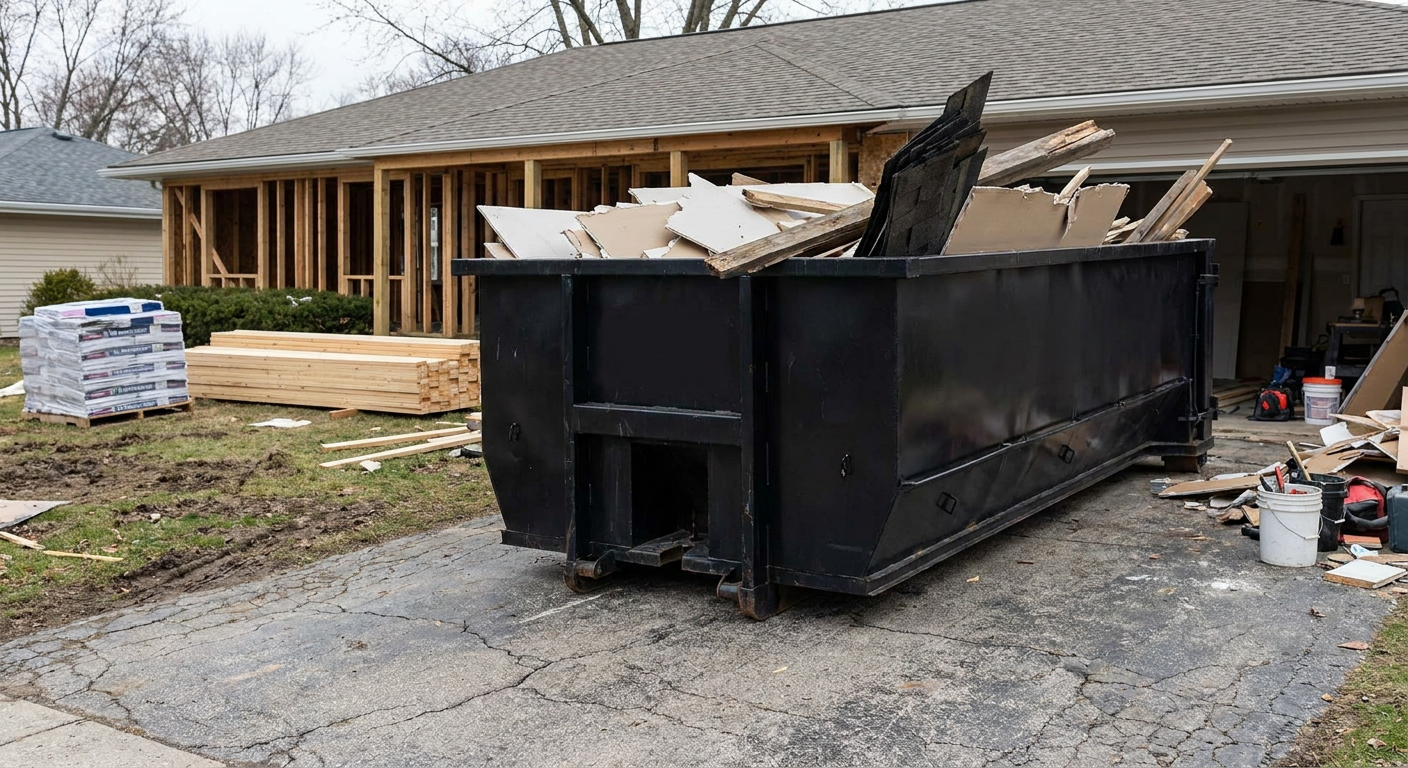 A matte-black 20-yard roll-off dumpster placed alongside a mid-renovation Trenton home directly on the asphalt driveway, with framing materials and torn-off shingles staged neatly nearby.