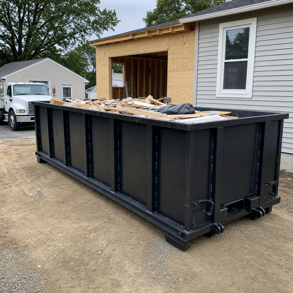 A matte-black 30-yard roll-off dumpster positioned at a Trenton residential addition jobsite, with framing lumber and drywall scraps loaded through the open swinging rear doors.