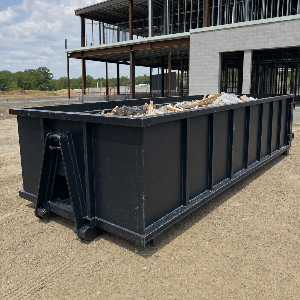 A matte-black 40-yard roll-off dumpster staged on a large Trenton commercial construction lot, with a hooklift delivery truck parked alongside under bright midday sky.