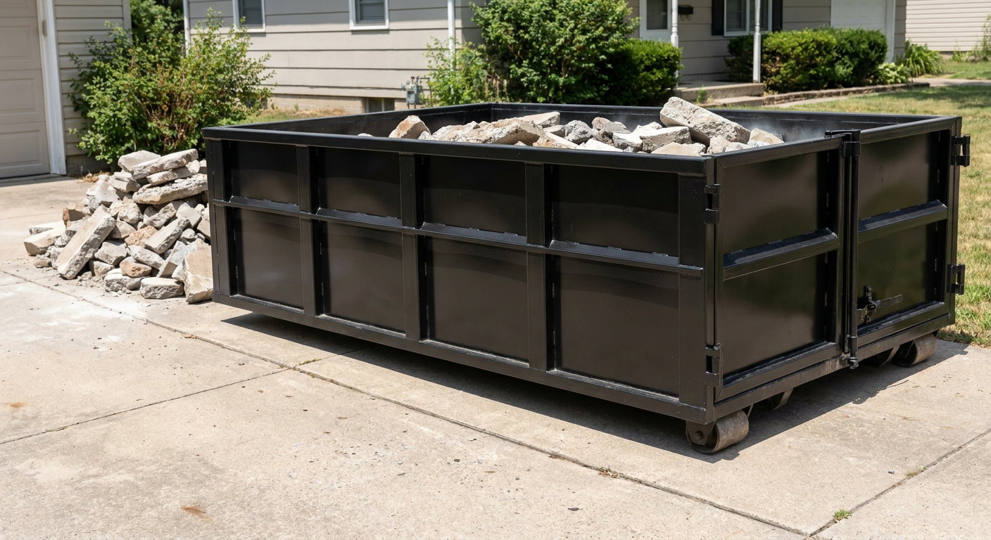 A matte-black low-side heavy-debris roll-off dumpster placed directly on a Trenton concrete driveway, with broken concrete chunks neatly stacked beside it under clean daylight.
